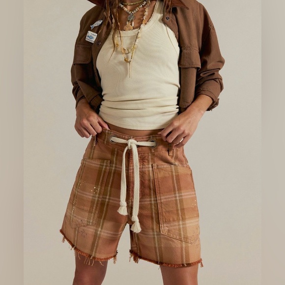 Free people we the free moxie printed barrel shorts rust plaid